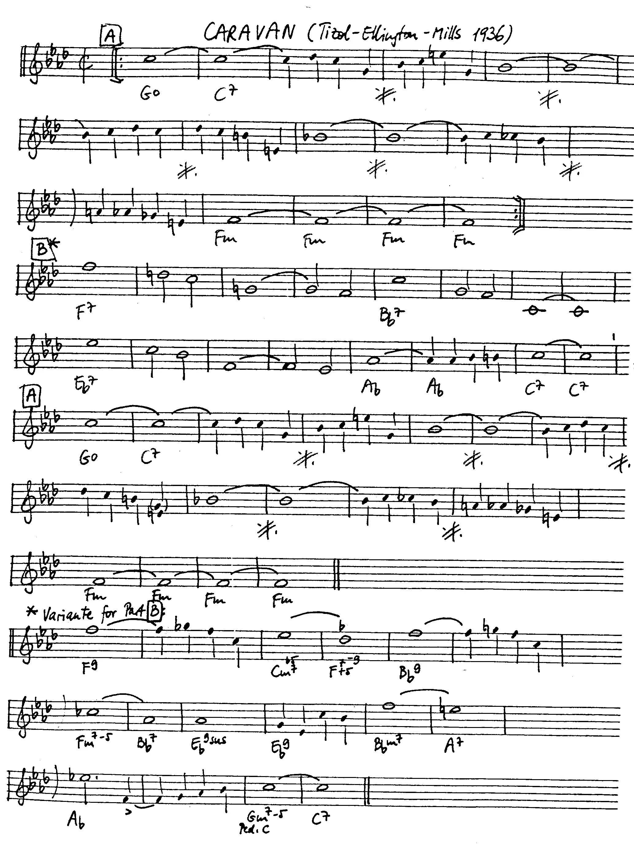 caravan. Free Jazz Leadsheet, courtesy of The Jungle Jazz Band