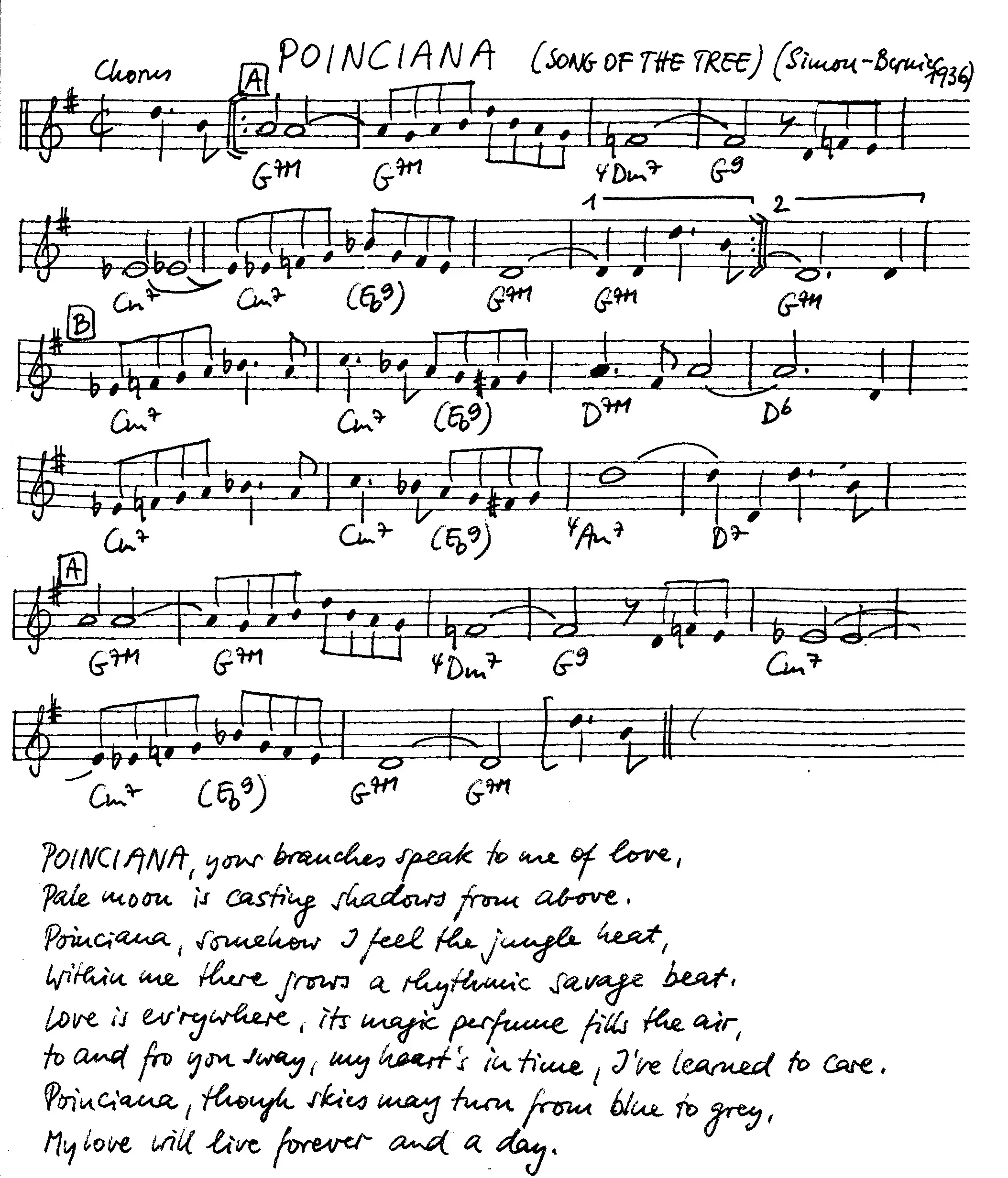 poinciana free jazz leadsheet - Courtesy of the Jungle Jazz Band