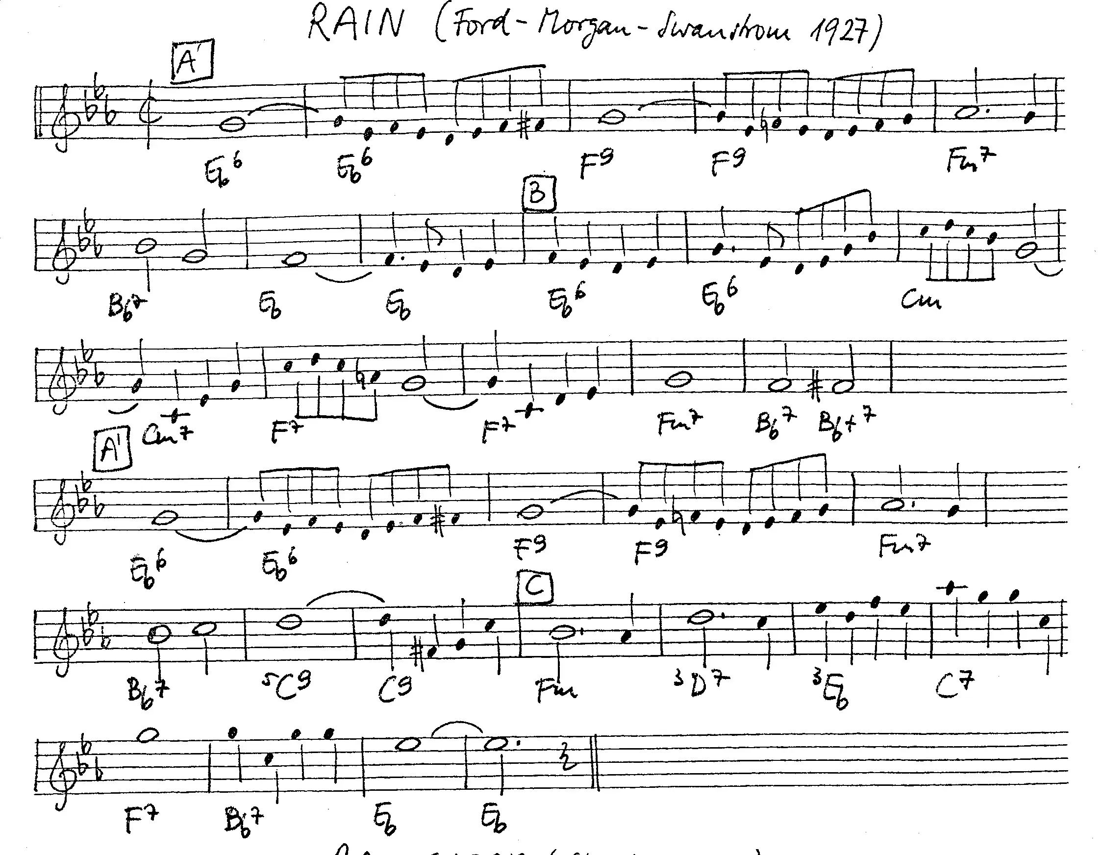 rain free jazz leadsheet - Courtesy of the Jungle Jazz Band