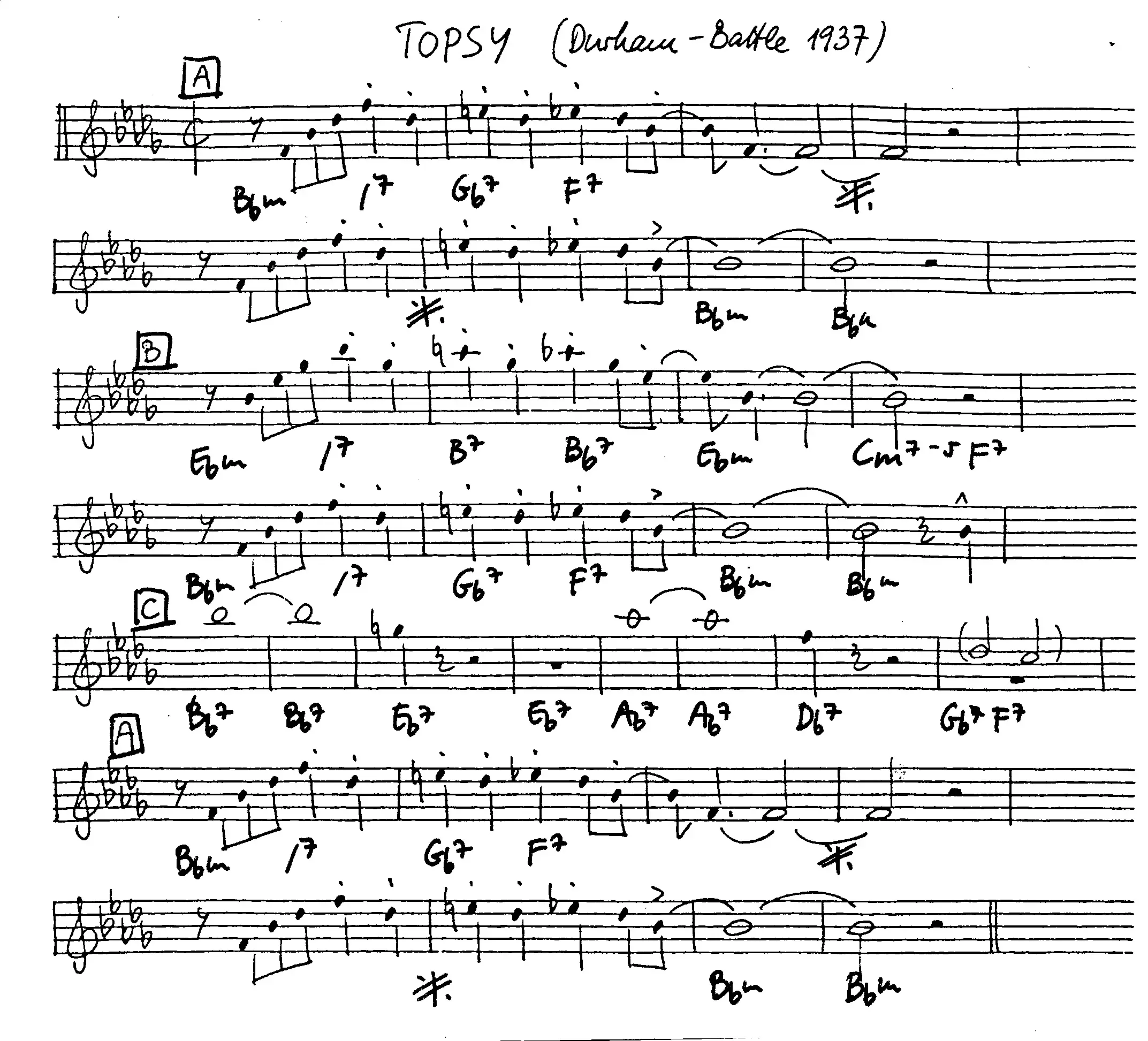 topsy free jazz leadsheet - Courtesy of the Jungle Jazz Band